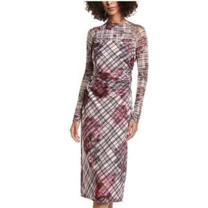 Amur Pink Plaid Sheath Midi Dress SIZE 6 Mesh Work Preppy Ruched Designer $500